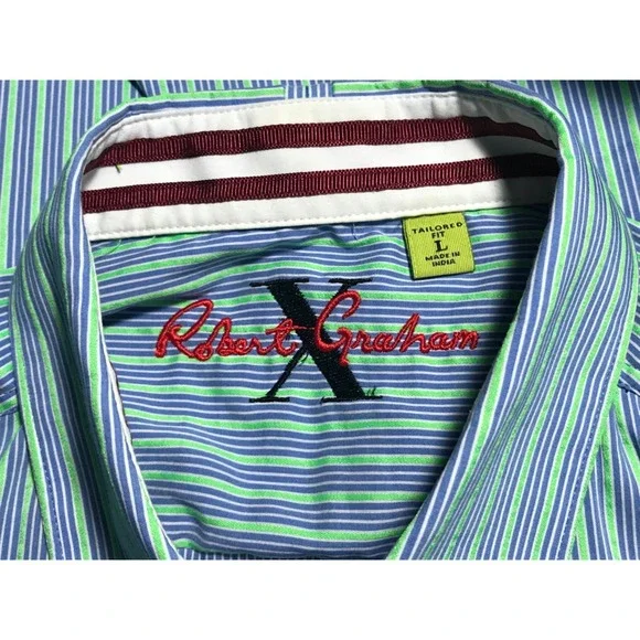 Robert Graham Long Sleeve Shirt Mens Large Tailored Fit Striped Blue Green - Picture 8 of 12